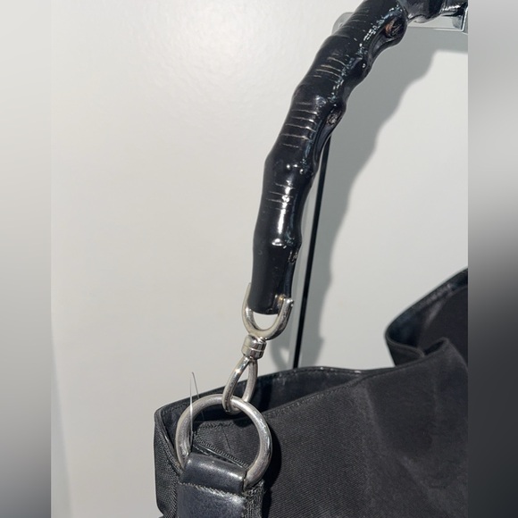 Gucci Bamboo Shoulder Bag Nylon Black Silver Handbag AUTHENTIC - Picture 3 of 14